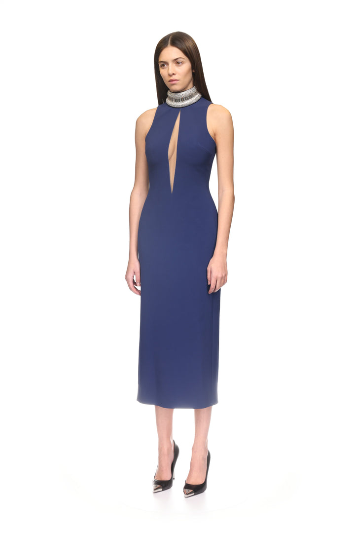 CRYSTAL EMBROIDERED HIGH COLLAR MIDI DRESS IN WHITE