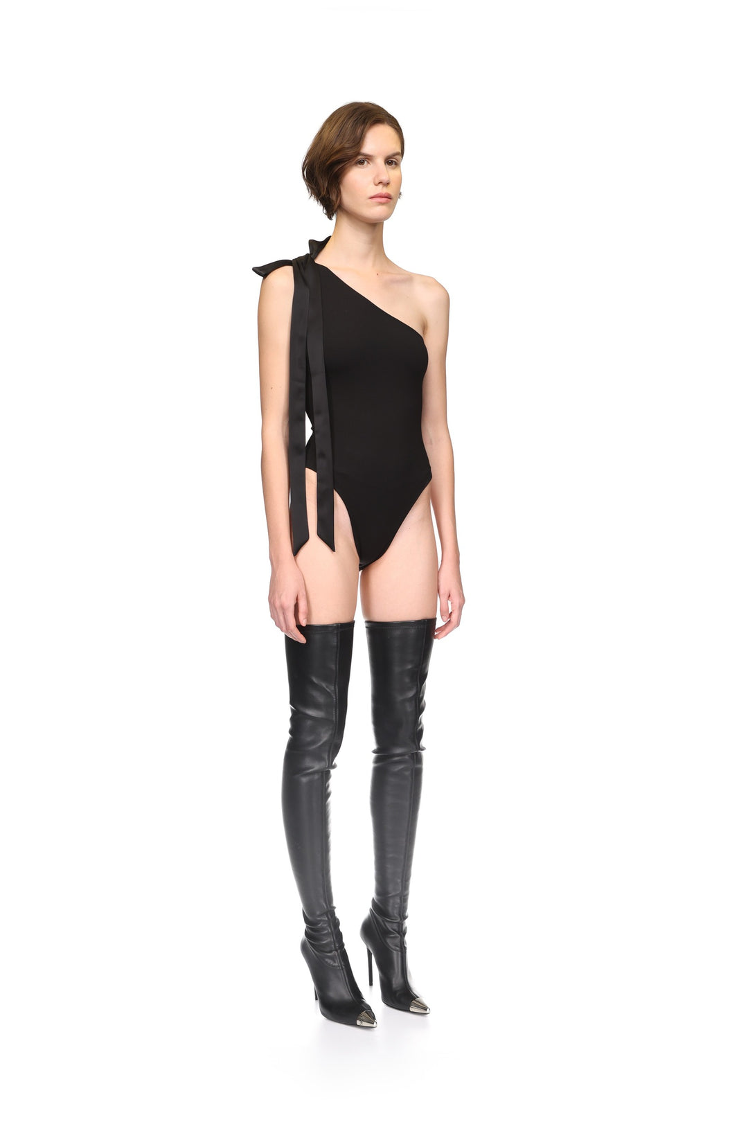 SATIN BOW BODYSUIT IN BLACK