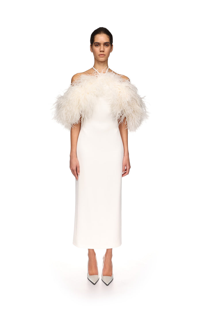 FEATHER SHOULDER OVERLAY MIDI DRESS