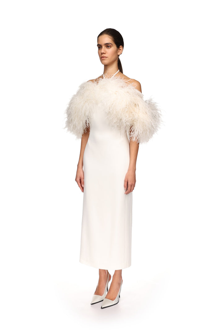 FEATHER SHOULDER OVERLAY MIDI DRESS