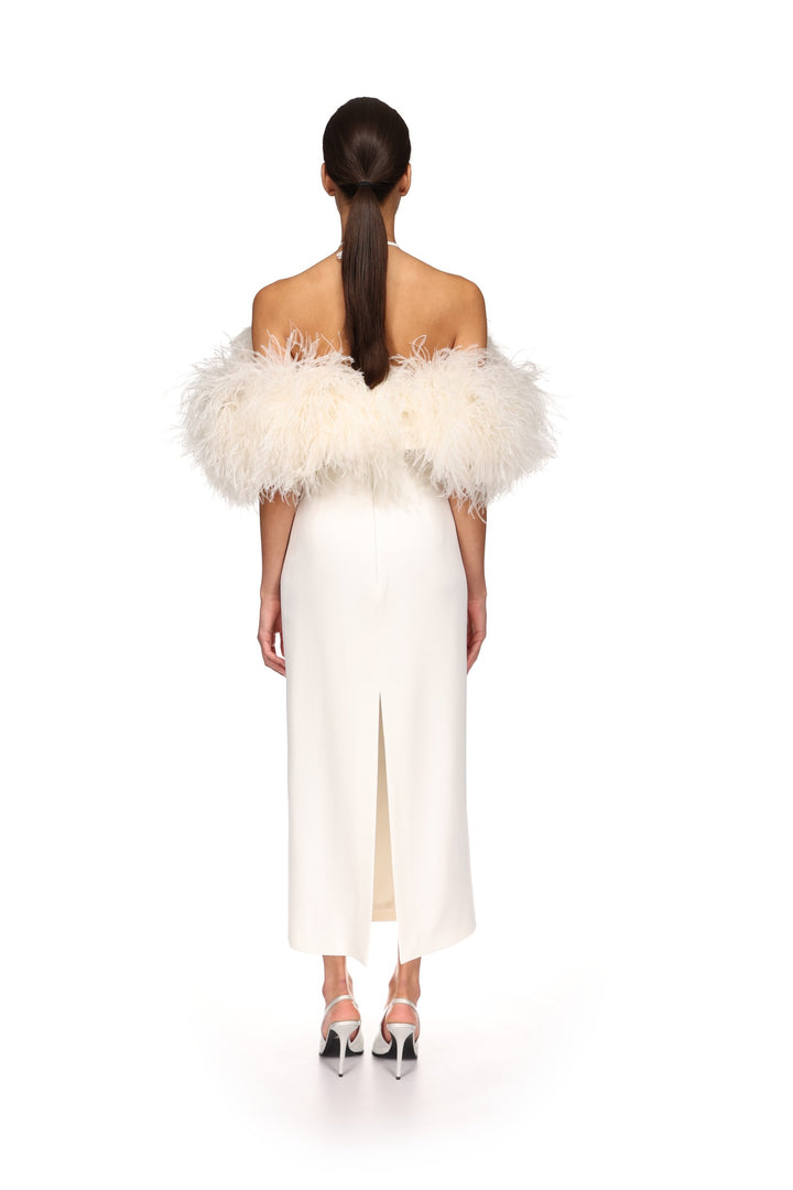 FEATHER SHOULDER OVERLAY MIDI DRESS