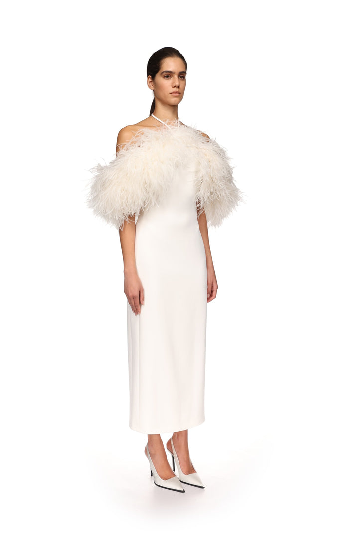 FEATHER SHOULDER OVERLAY MIDI DRESS