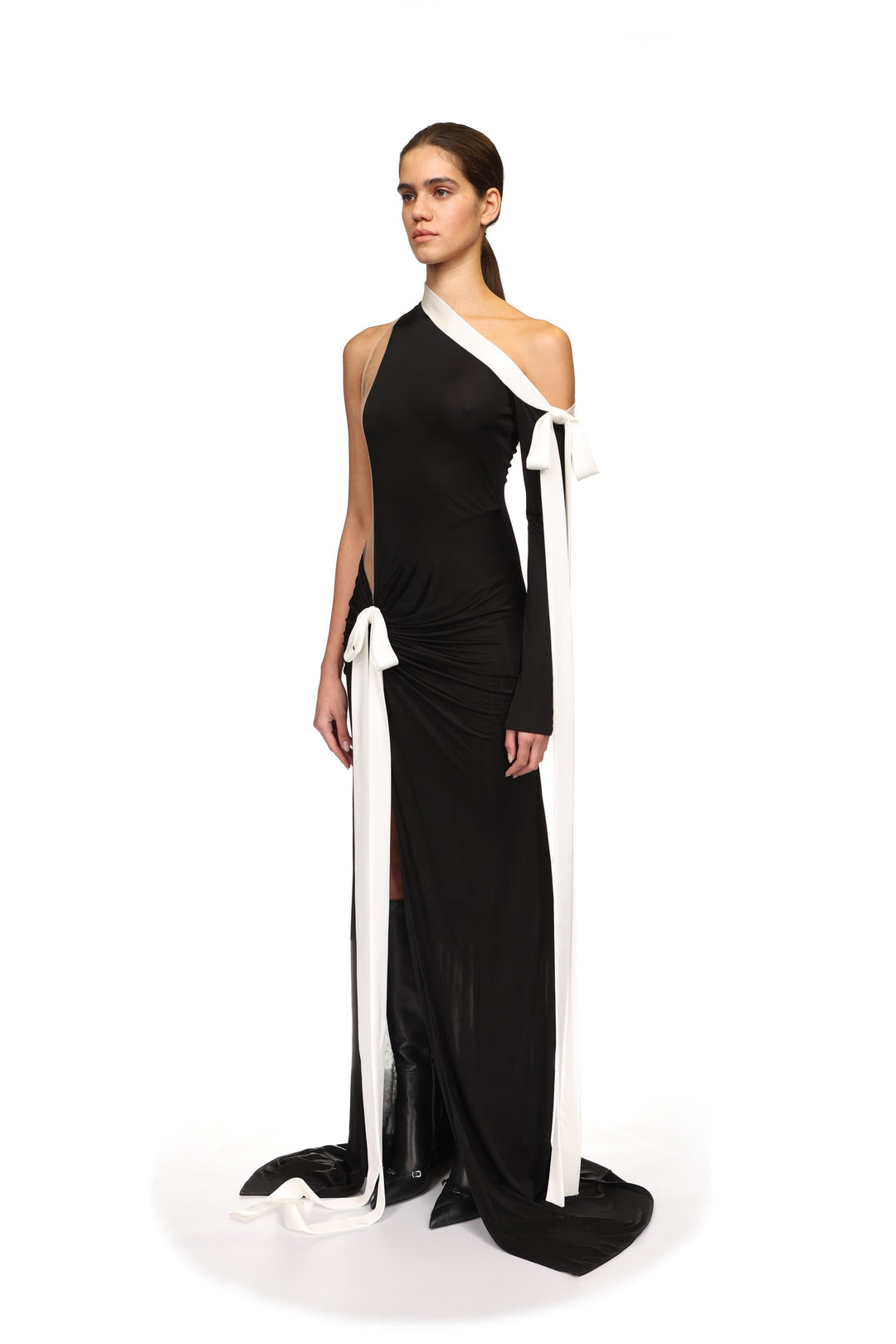 SATIN BOW AND ONE SLEEVE GOWN