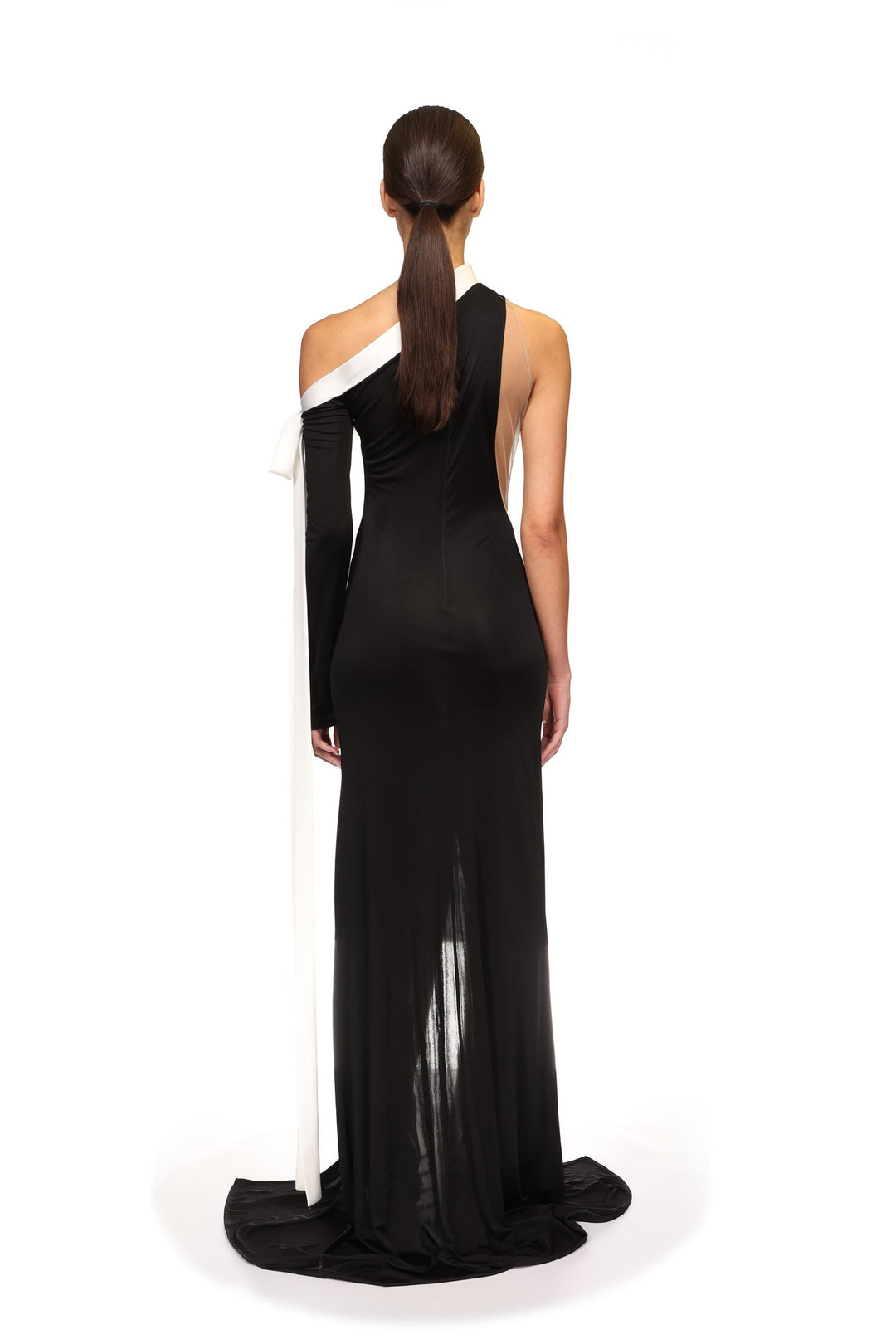SATIN BOW AND ONE SLEEVE GOWN
