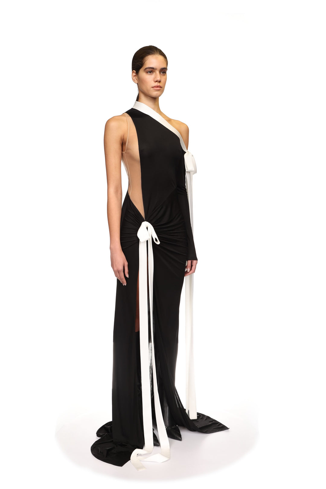 SATIN BOW AND ONE SLEEVE GOWN