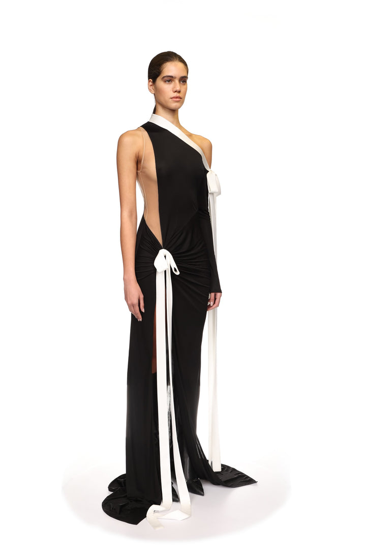 SATIN BOW AND ONE SLEEVE GOWN