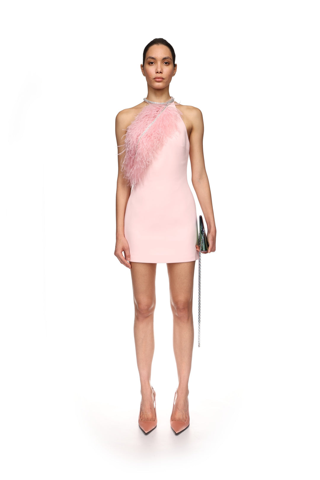 CRYSTAL FEATHER HALTER MINI DRESS