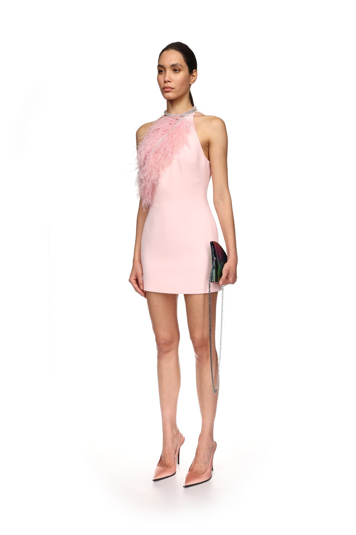 CRYSTAL FEATHER HALTER MINI DRESS