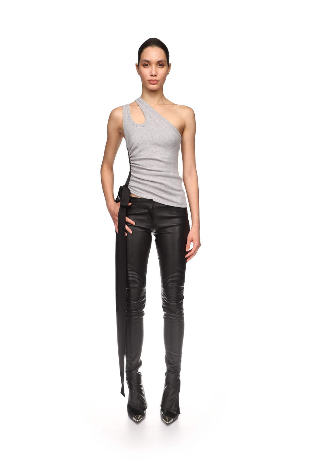 RUCHED SIDE AND SATIN BOW TOP IN GREY