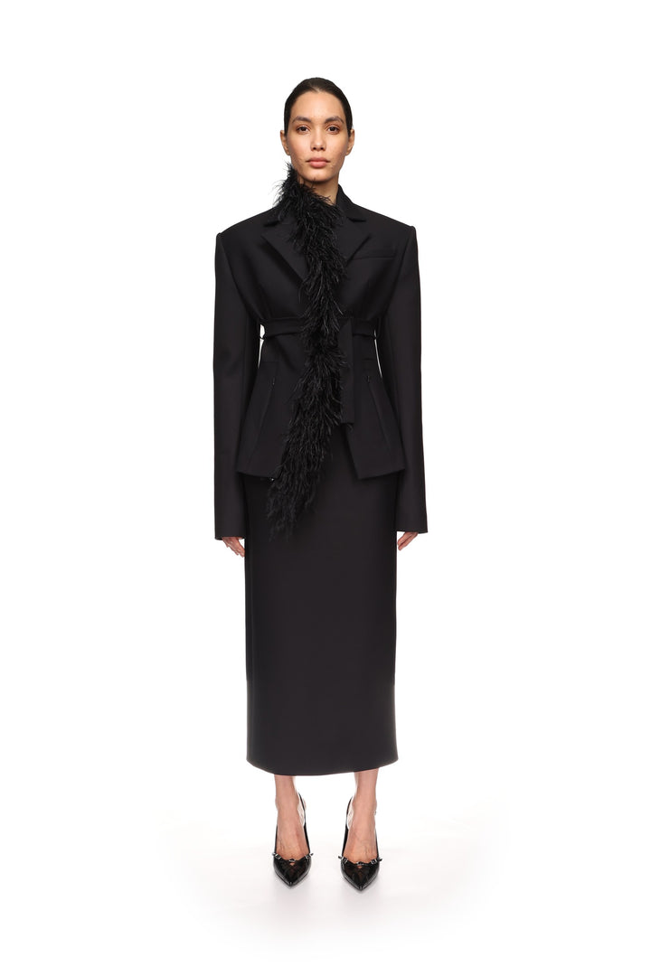 FEATHER TRIM TAILORED JACKET IN BLACK