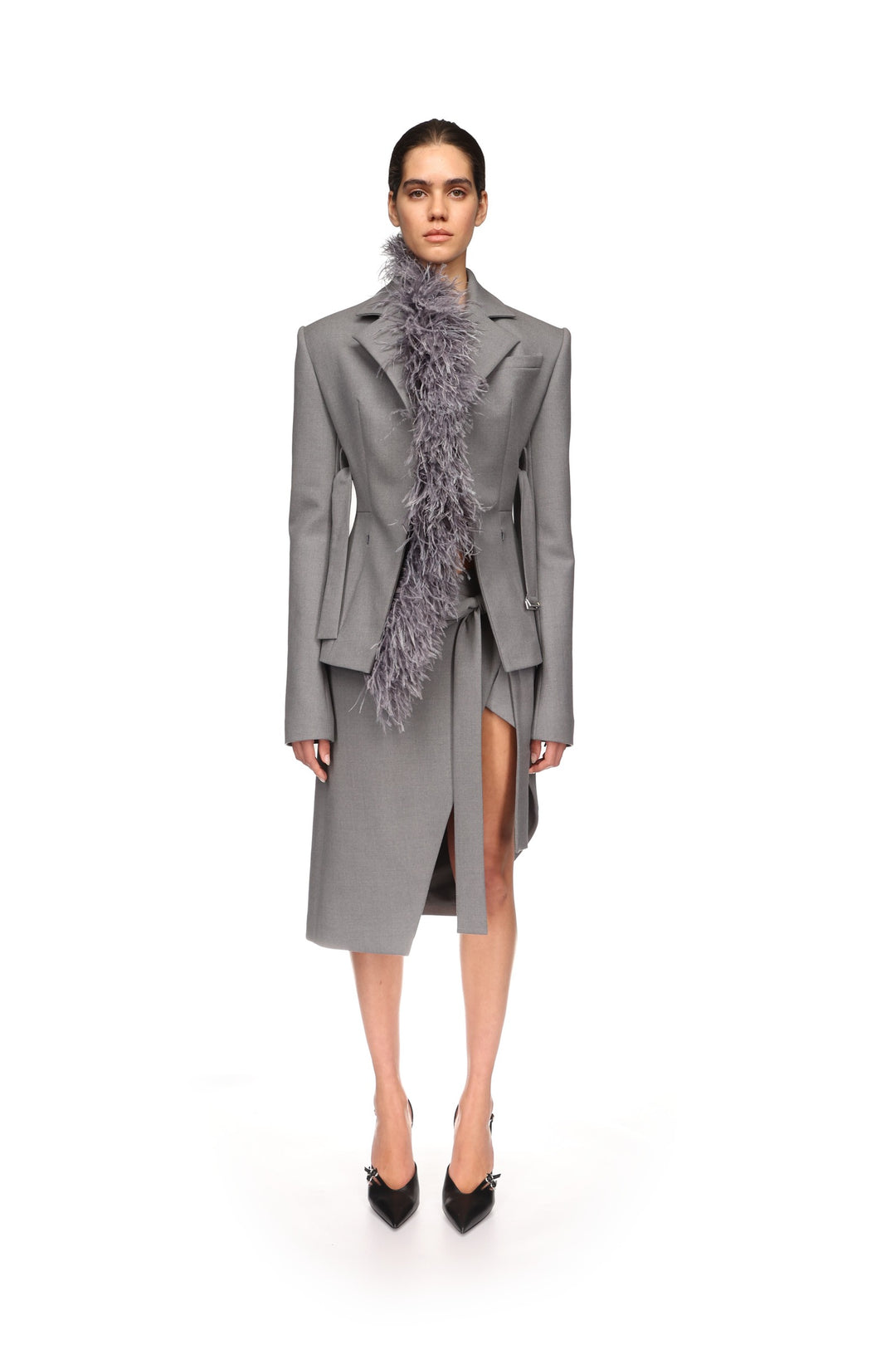 FEATHER TRIM TAILORED JACKET IN GREY