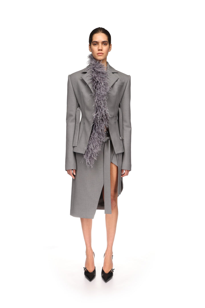 FEATHER TRIM TAILORED JACKET IN GREY