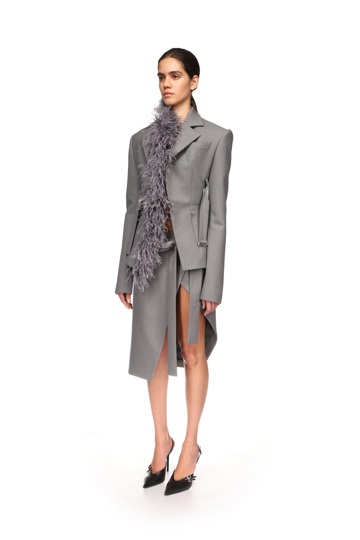 FEATHER TRIM TAILORED JACKET IN GREY