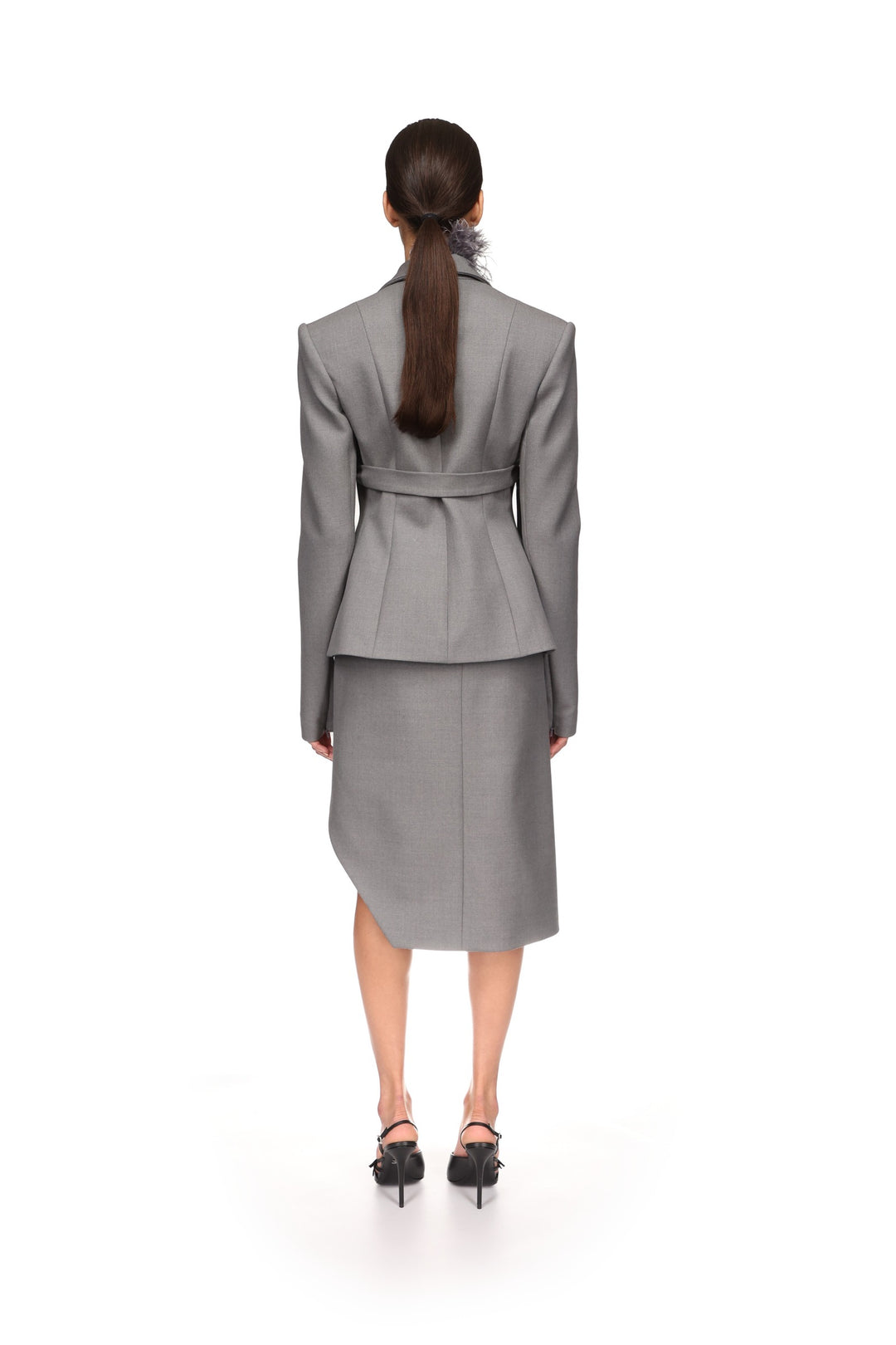 FEATHER TRIM TAILORED JACKET IN GREY