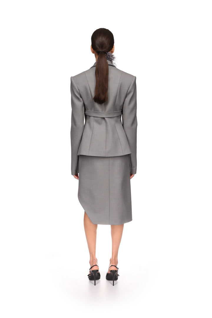 FEATHER TRIM TAILORED JACKET IN GREY