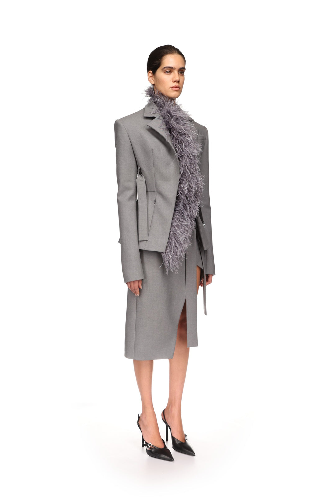 FEATHER TRIM TAILORED JACKET IN GREY