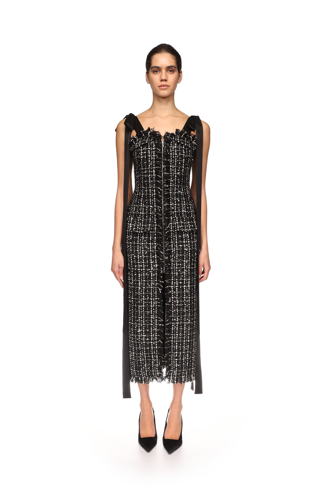 SATIN BOW AND TWEED MIDI DRESS