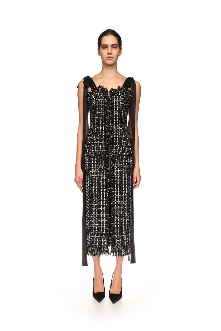 SATIN BOW AND TWEED MIDI DRESS