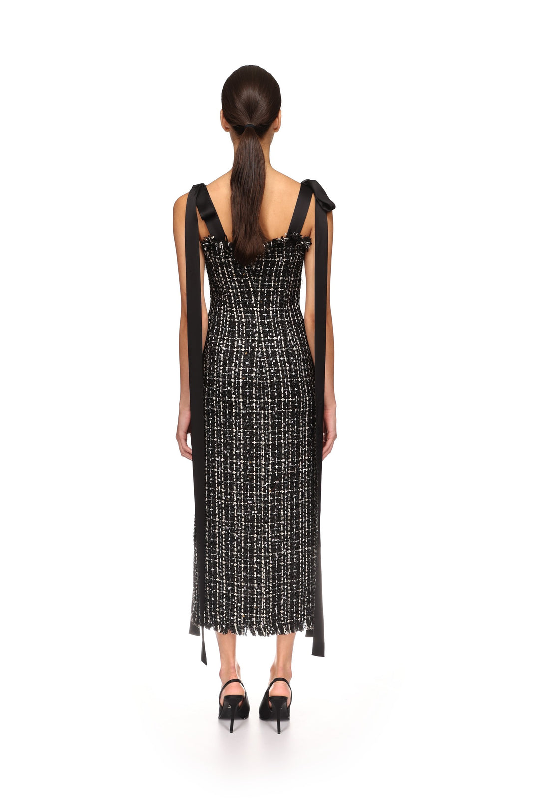 SATIN BOW AND TWEED MIDI DRESS