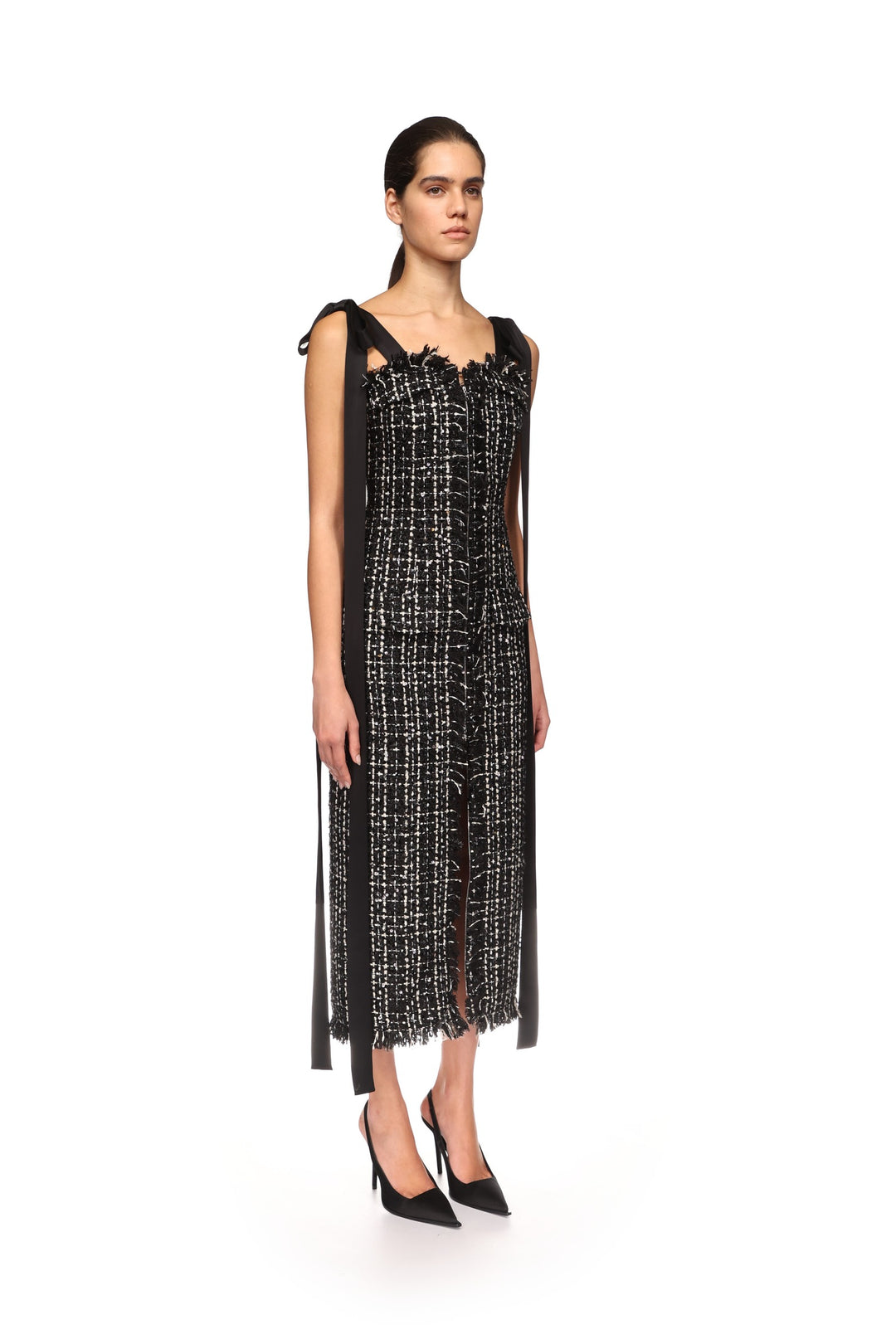 SATIN BOW AND TWEED MIDI DRESS