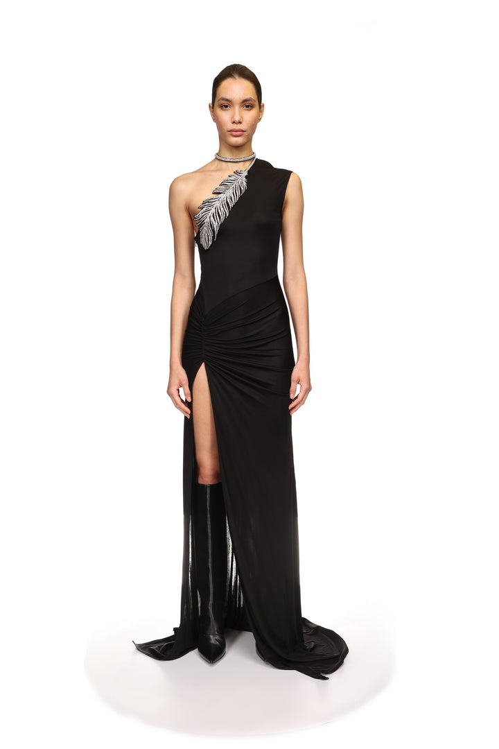 CRYSTAL FEATHER ONE SHOULDER GOWN