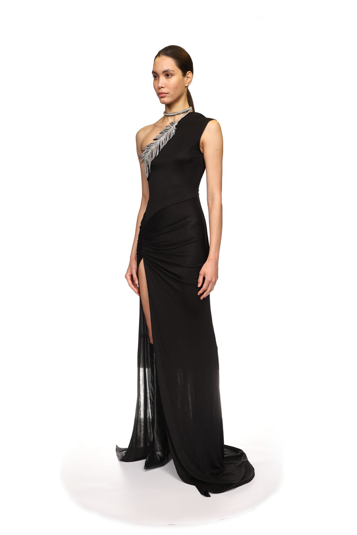 CRYSTAL FEATHER ONE SHOULDER GOWN