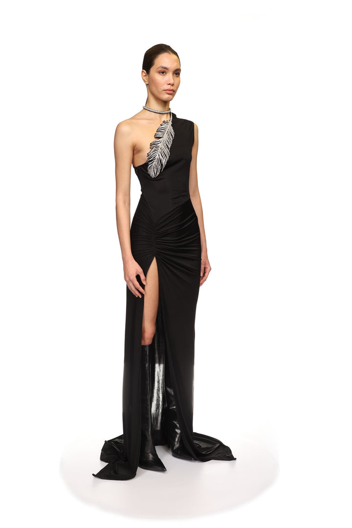 CRYSTAL FEATHER ONE SHOULDER GOWN