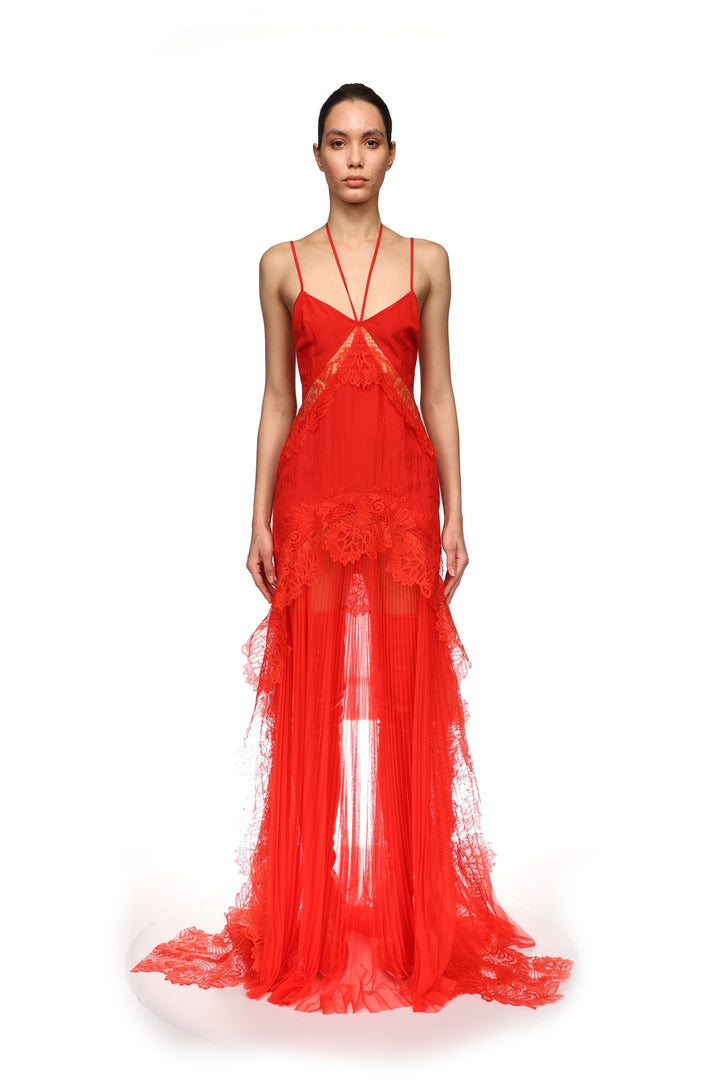 PLEATED SKIRT AND LACE TRIM GOWN