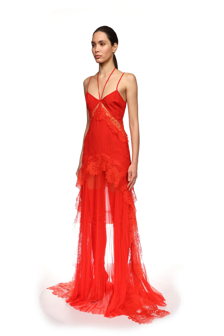 PLEATED SKIRT AND LACE TRIM GOWN