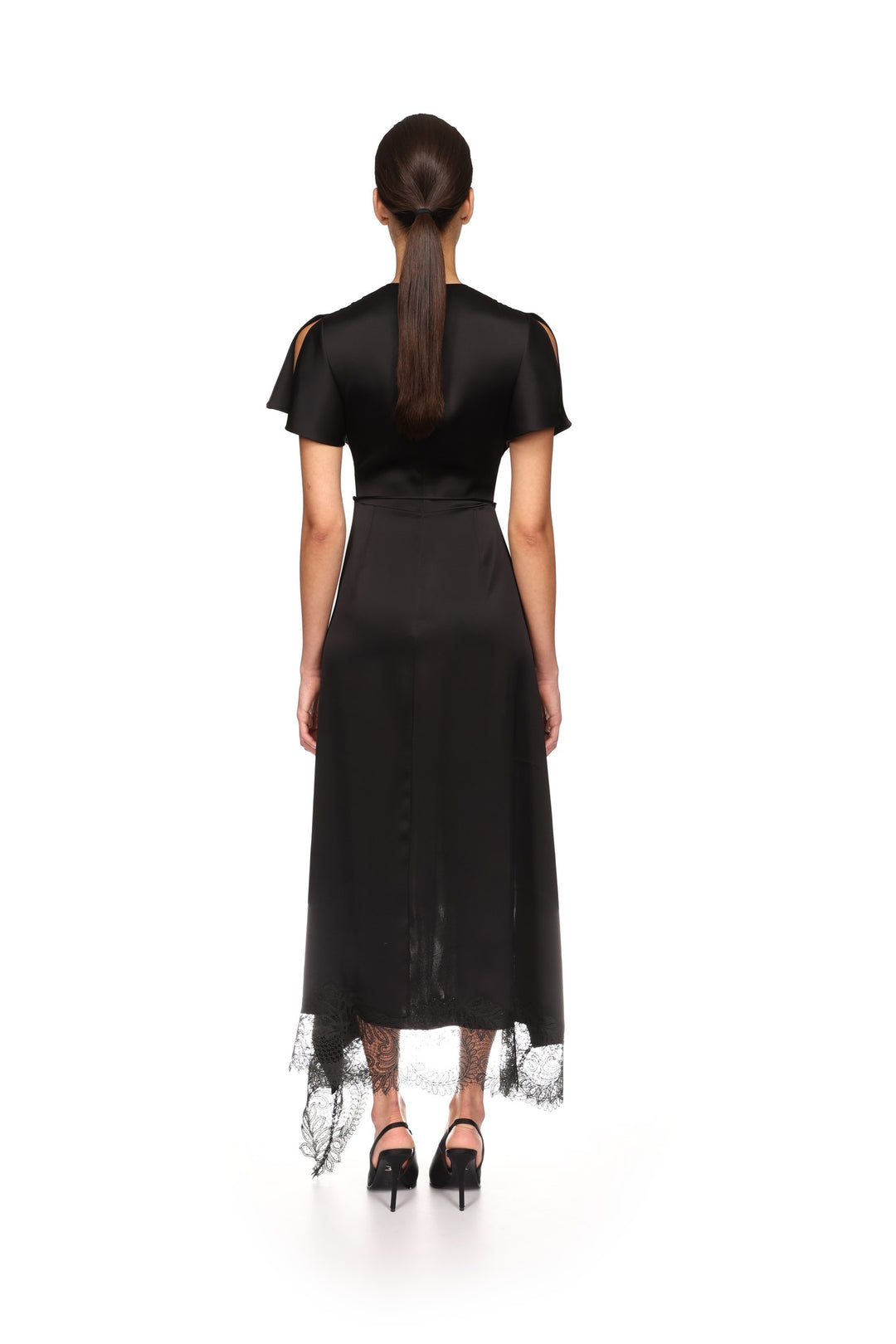 ASYMMETRIC LACE HEM SATIN MIDI DRESS
