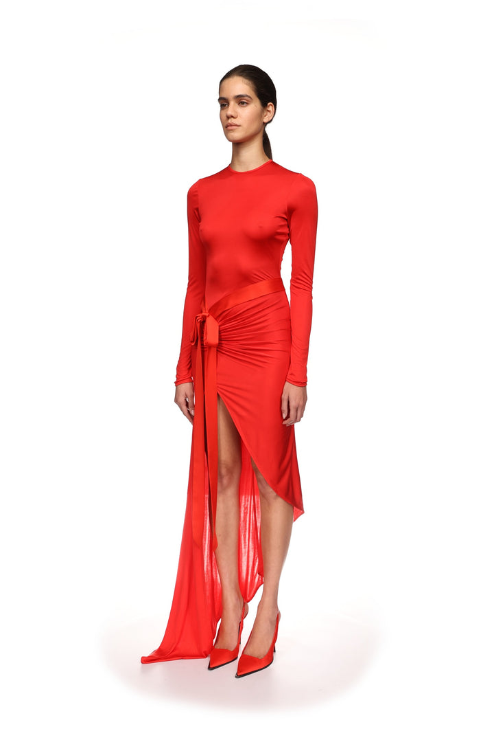 ASYMMETRIC DRESS WITH SATIN BOW