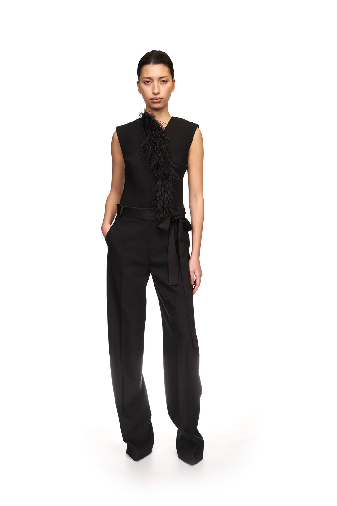 DETACHABLE FEATHER TRIM JUMPSUIT