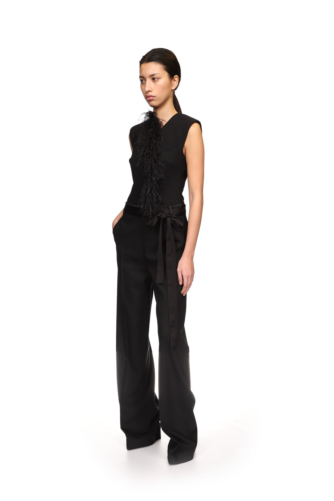 DETACHABLE FEATHER TRIM JUMPSUIT