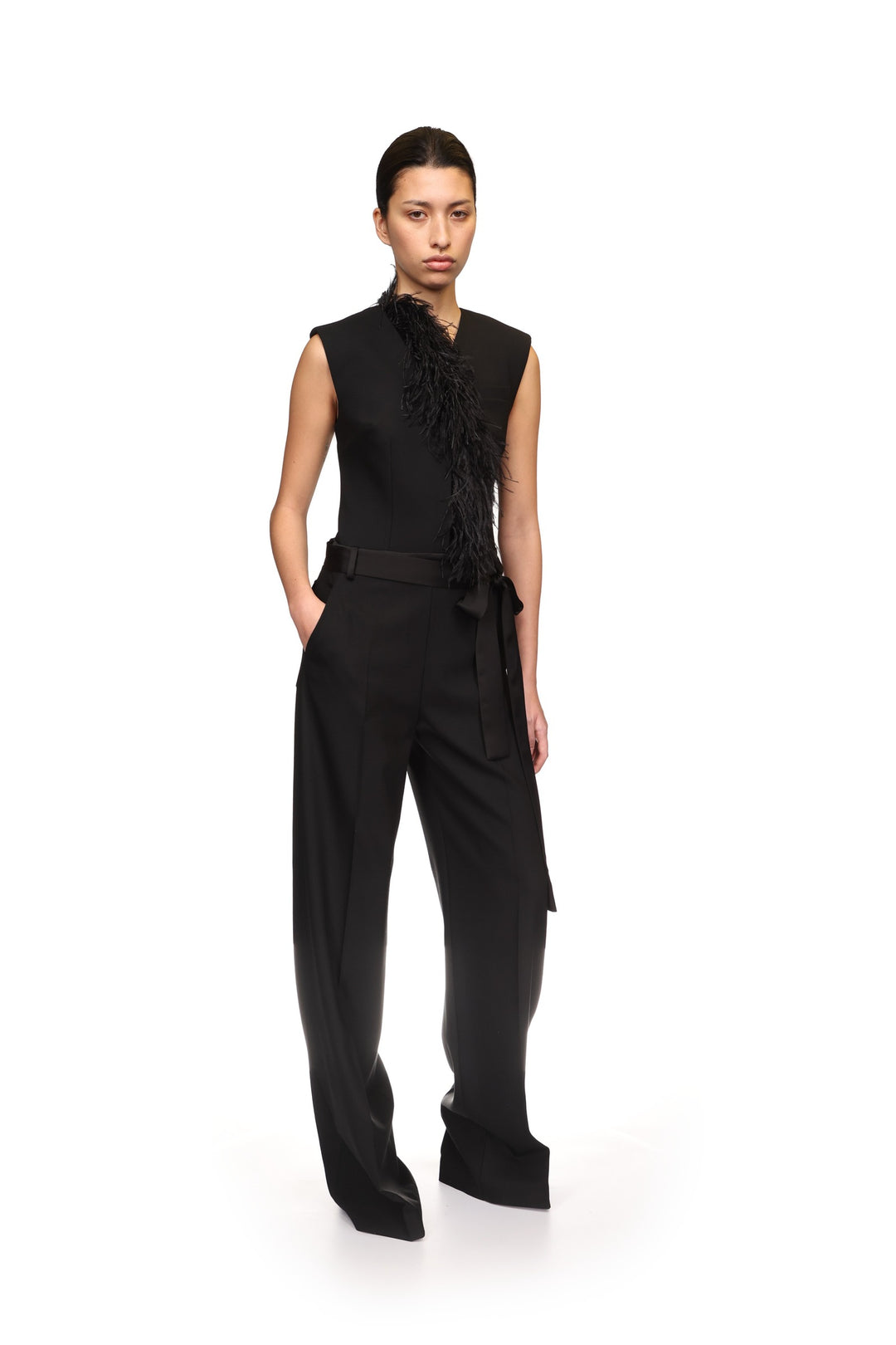 DETACHABLE FEATHER TRIM JUMPSUIT