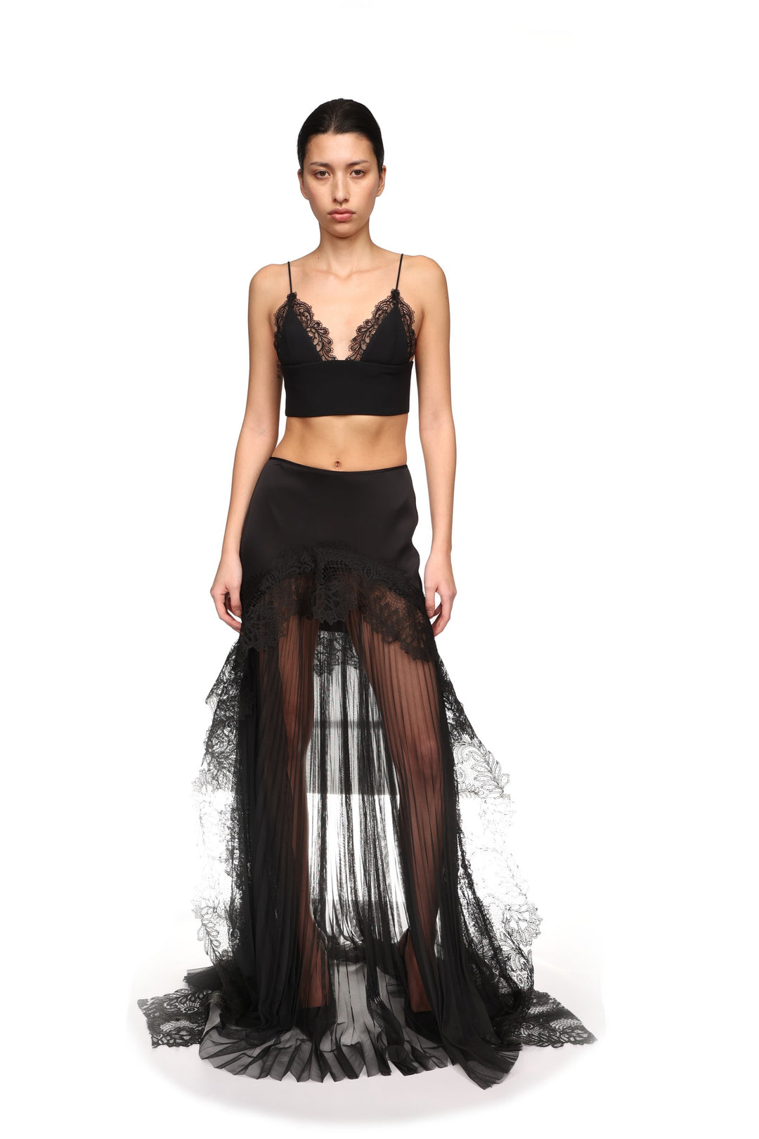 PLEATED TULLE AND LACE MAXI SKIRT