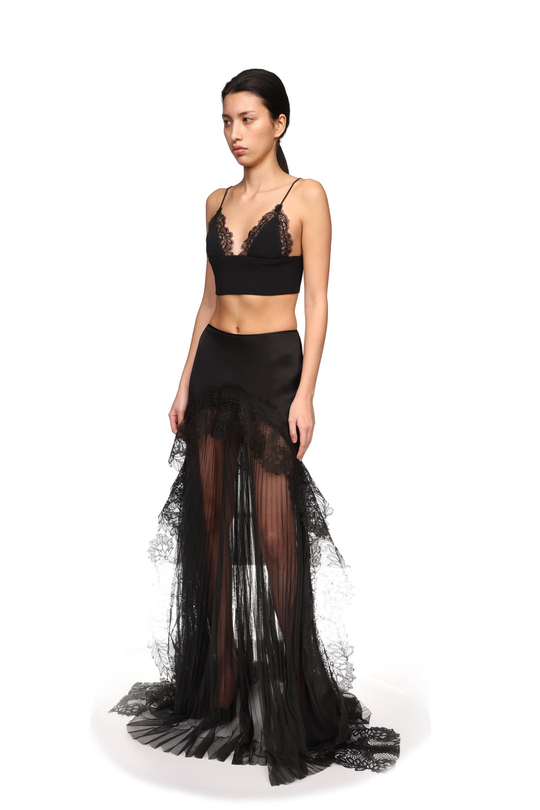 PLEATED TULLE AND LACE MAXI SKIRT