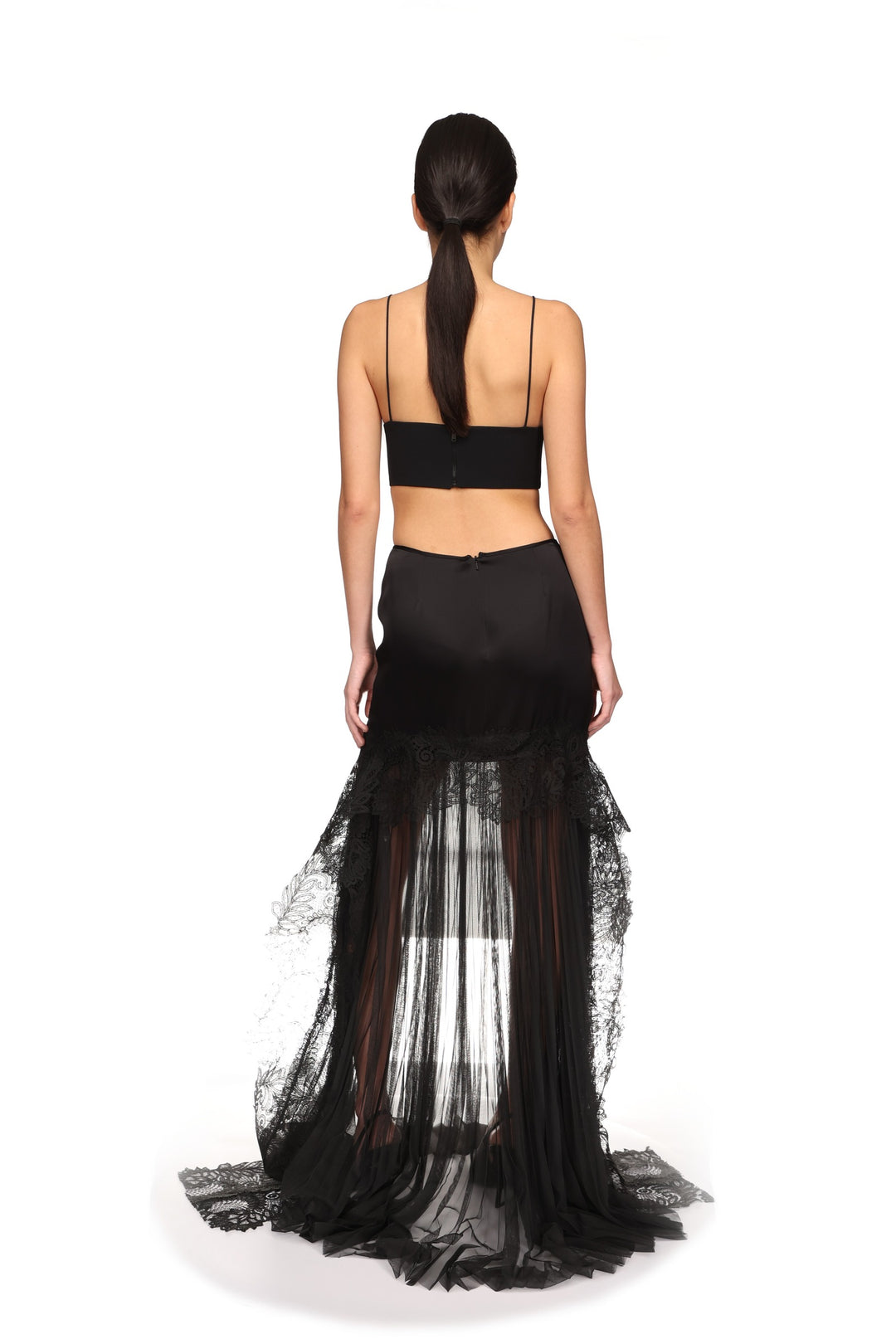 PLEATED TULLE AND LACE MAXI SKIRT