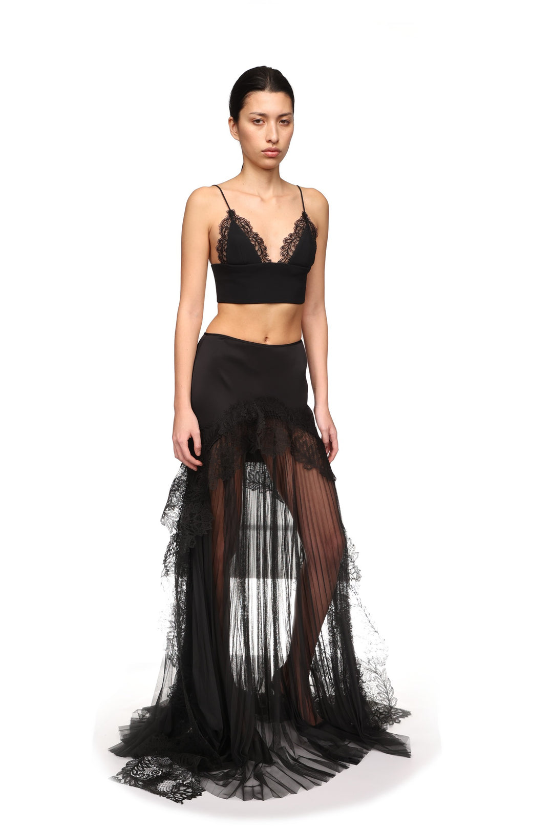 PLEATED TULLE AND LACE MAXI SKIRT