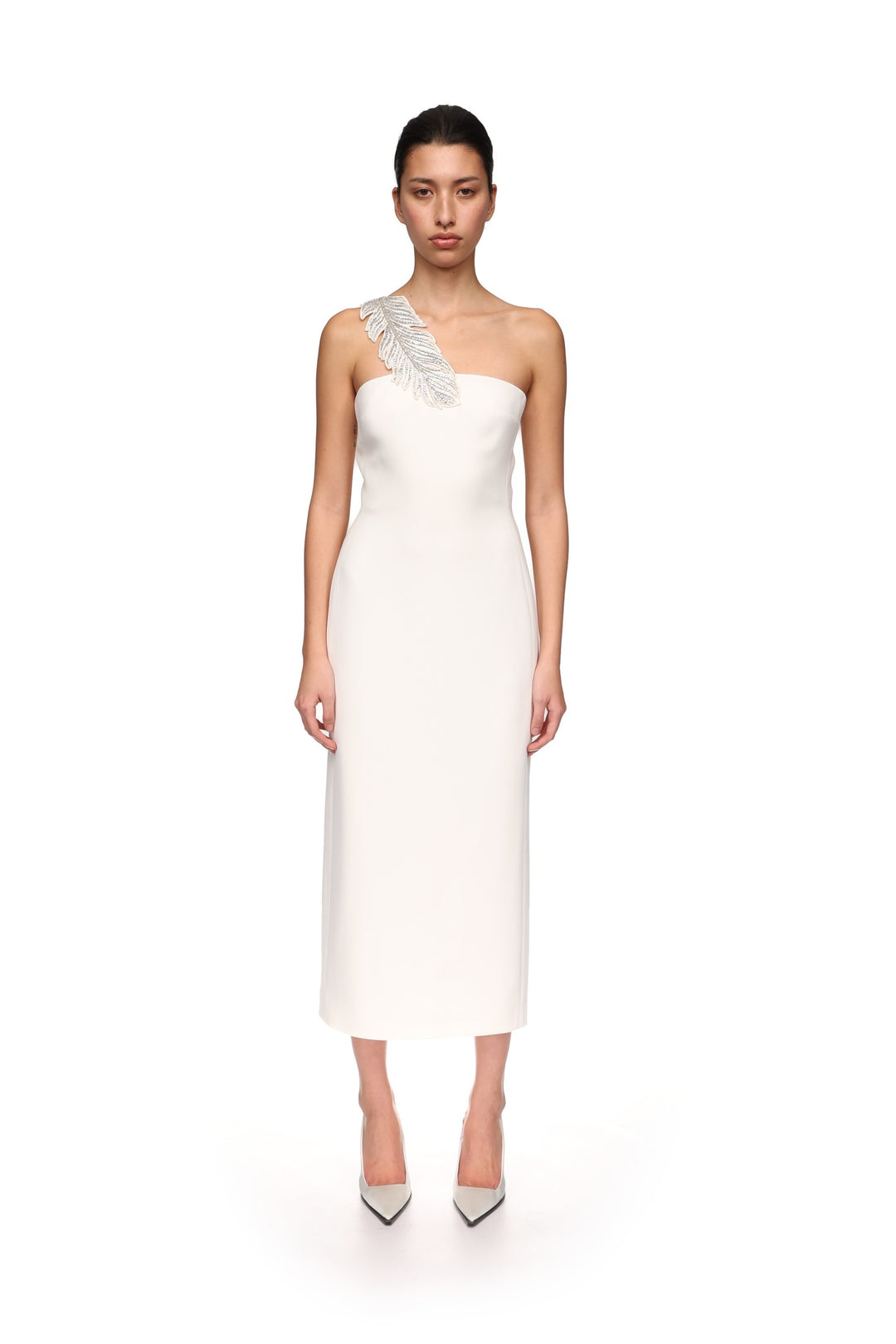 CRYSTAL FEATHER ONE SHOULDER MIDI DRESS