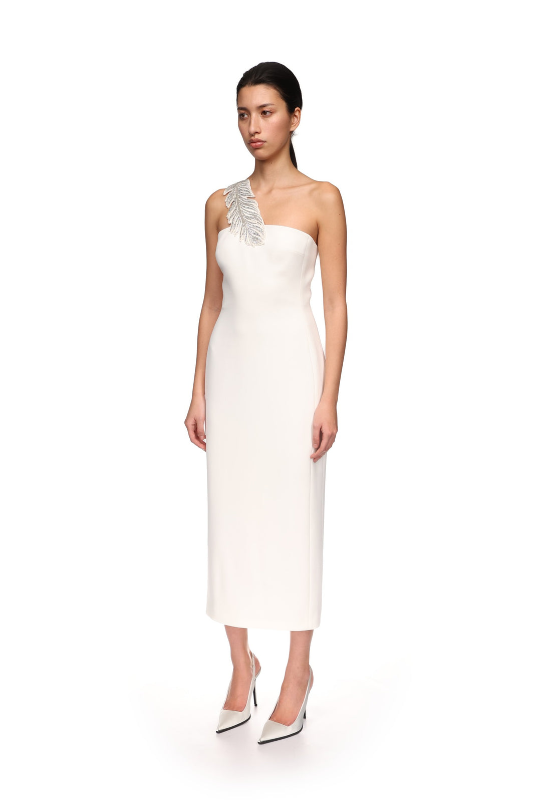 CRYSTAL FEATHER ONE SHOULDER MIDI DRESS