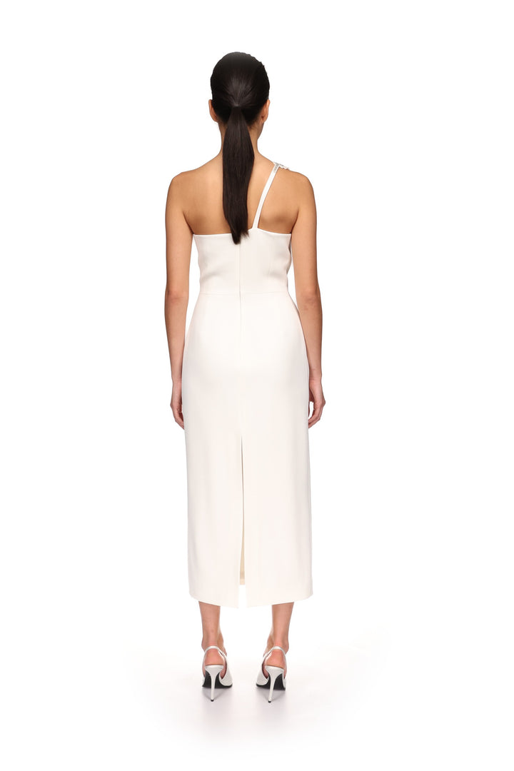 CRYSTAL FEATHER ONE SHOULDER MIDI DRESS
