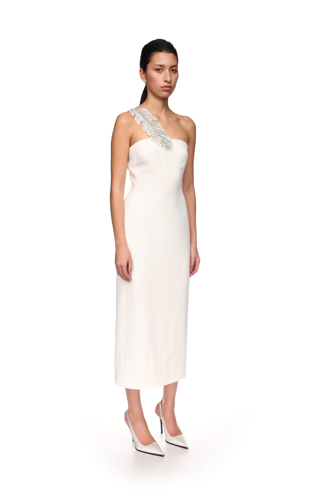 CRYSTAL FEATHER ONE SHOULDER MIDI DRESS