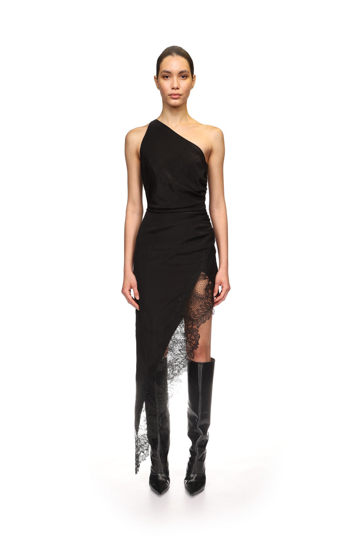 ASYMMETRIC RUCHED AND LACE MIDI DRESS