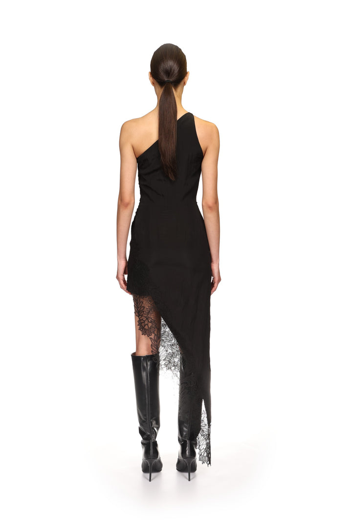ASYMMETRIC RUCHED AND LACE MIDI DRESS