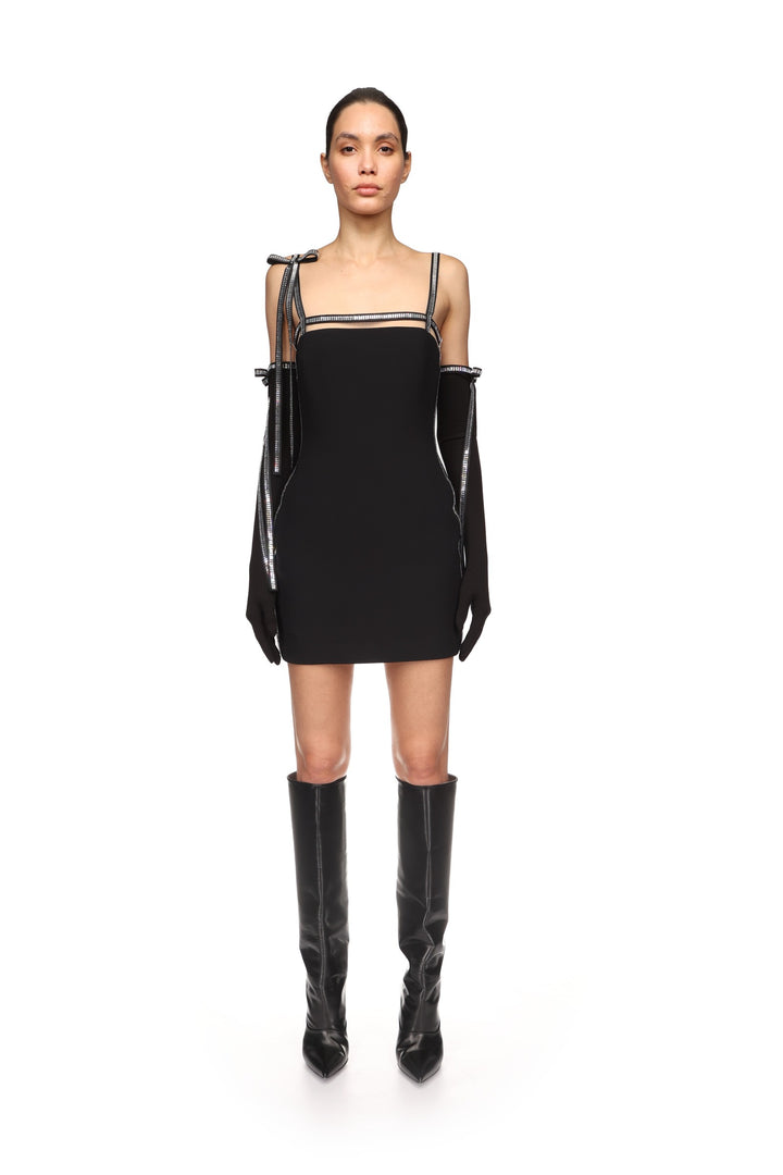 CRYSTAL TRIM AND BOW STRAP DRESS