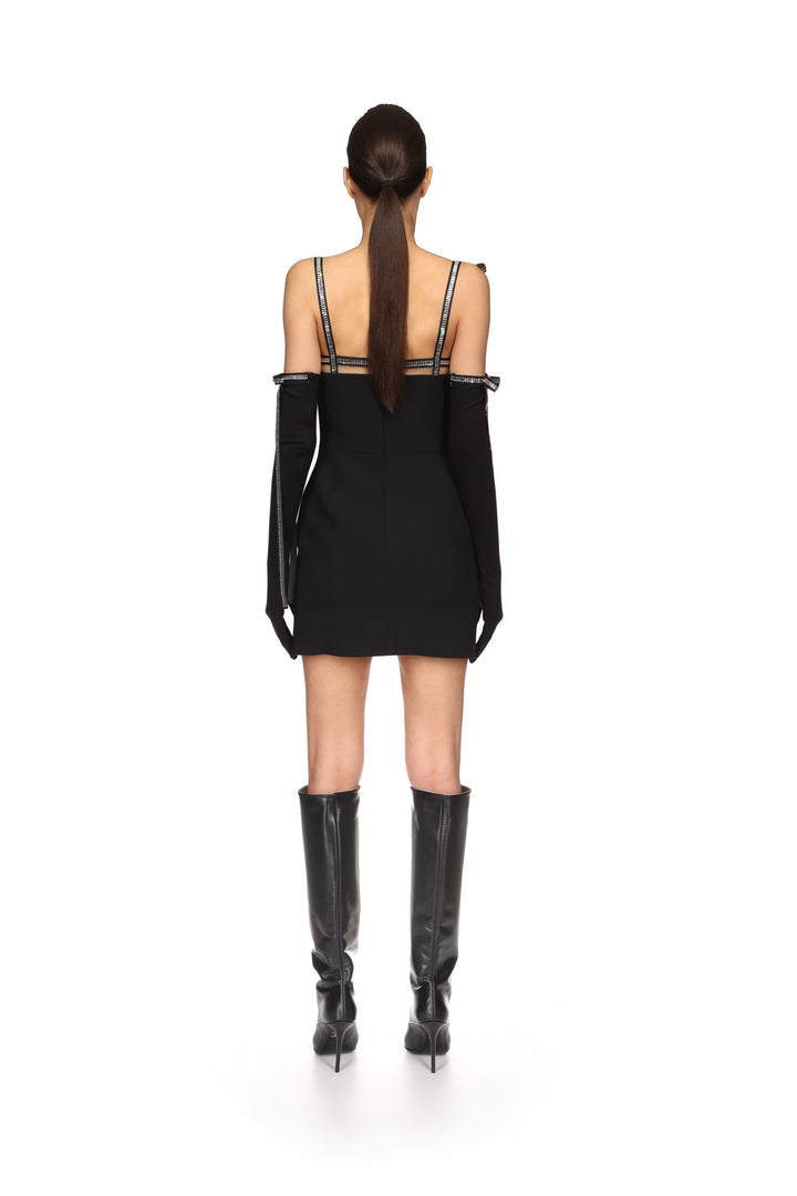 CRYSTAL TRIM AND BOW STRAP DRESS