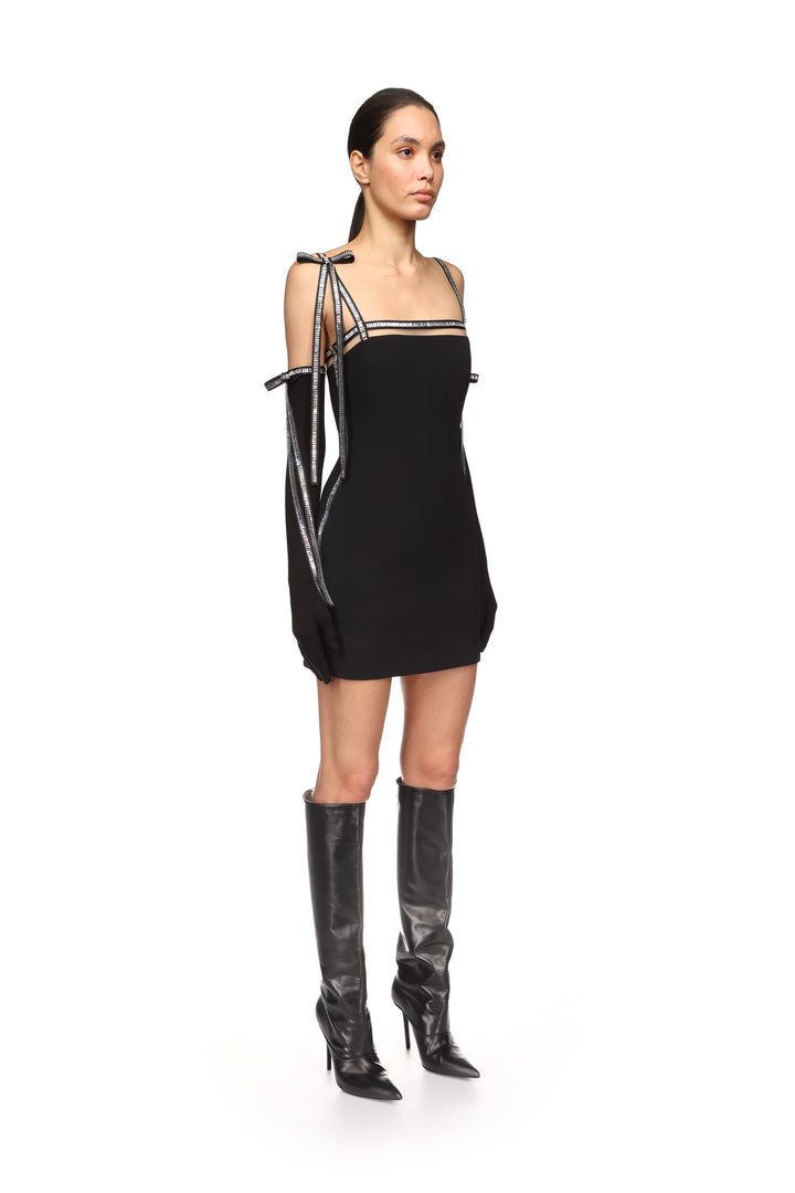 CRYSTAL TRIM AND BOW STRAP DRESS