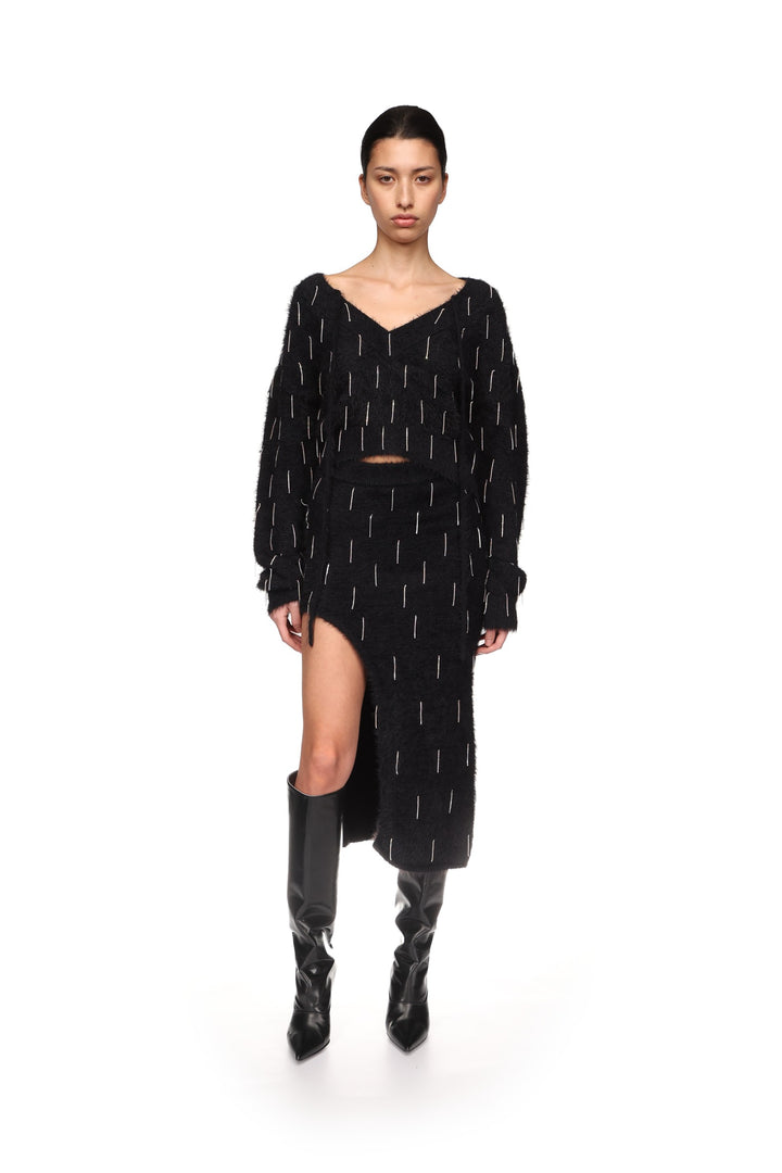 CRYSTAL EMBELLISHED KNIT MIDI SKIRT IN BLACK