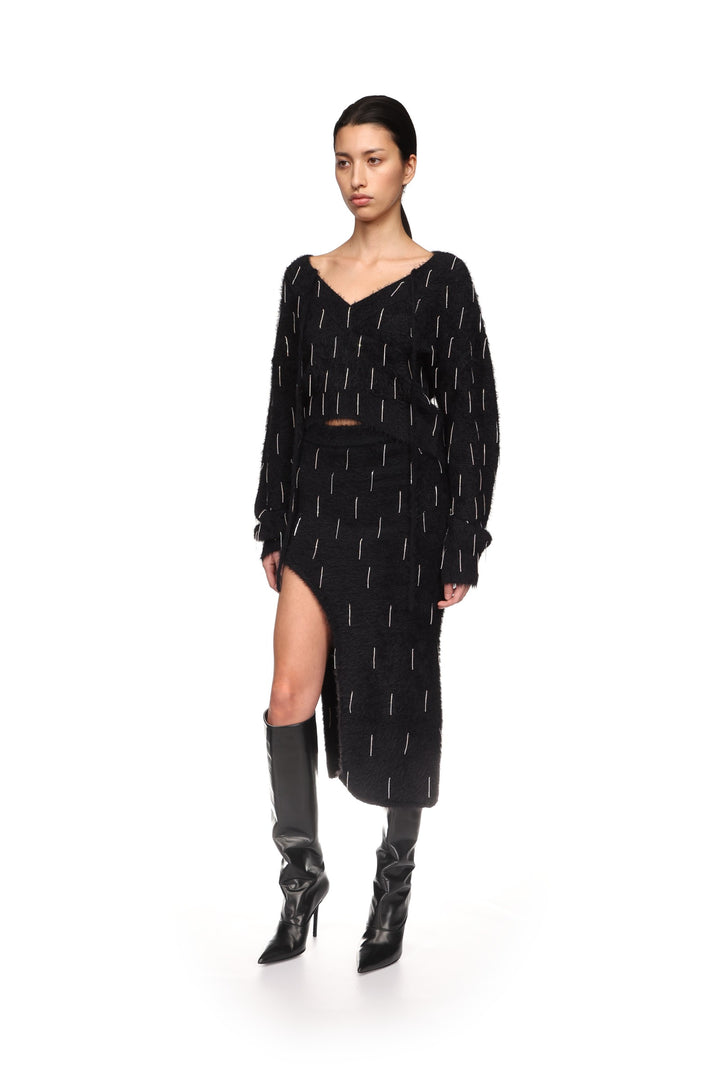 CRYSTAL EMBELLISHED KNIT MIDI SKIRT IN BLACK