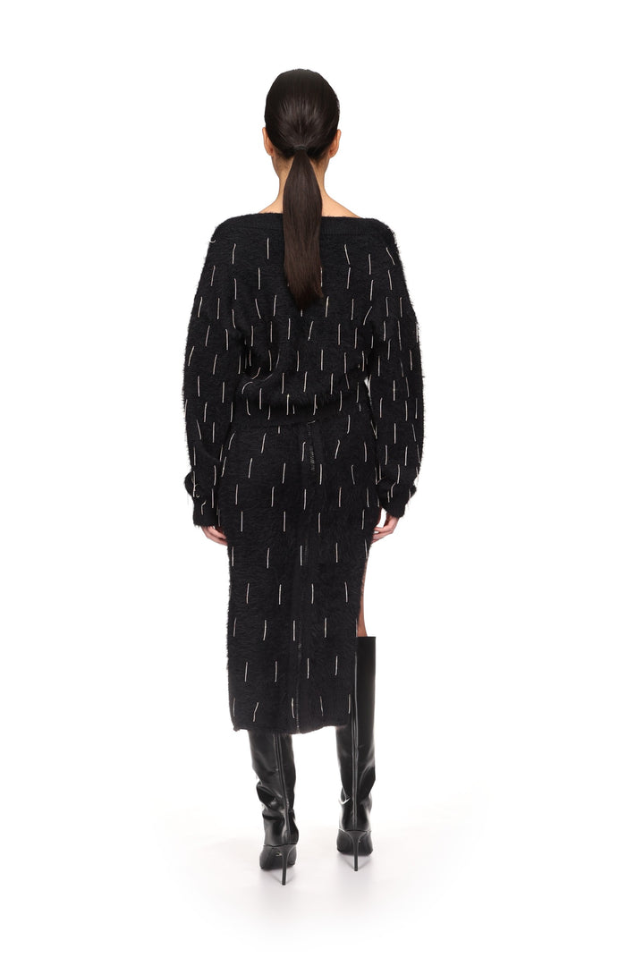 CRYSTAL EMBELLISHED KNIT MIDI SKIRT IN BLACK